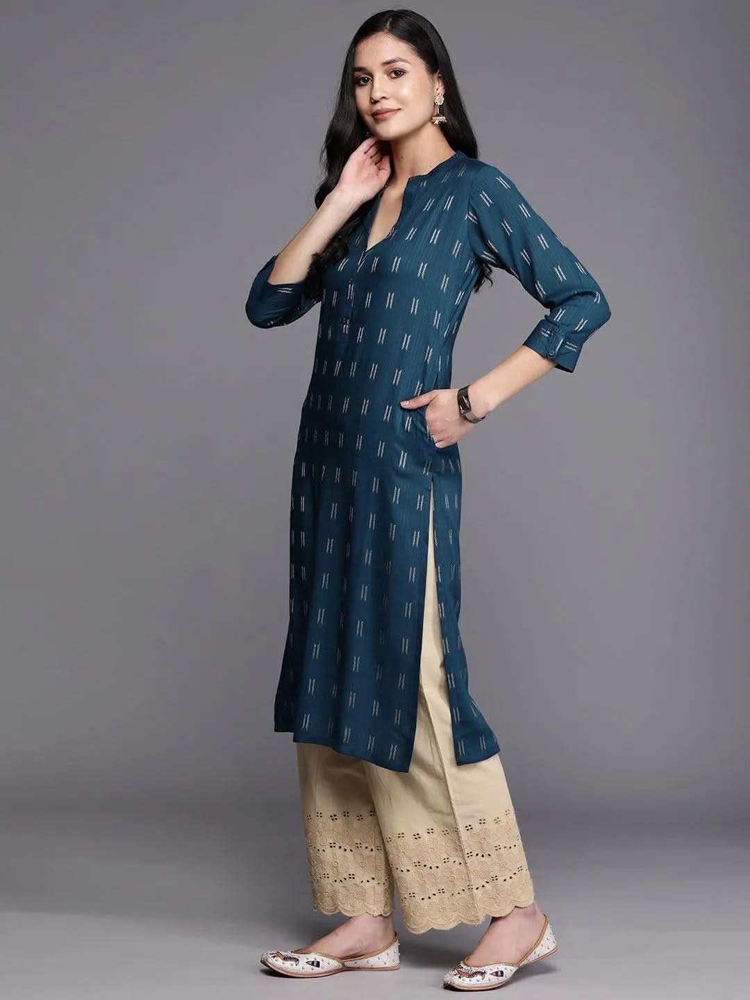 

Blue Woven Design Rayon Straight Kurta
