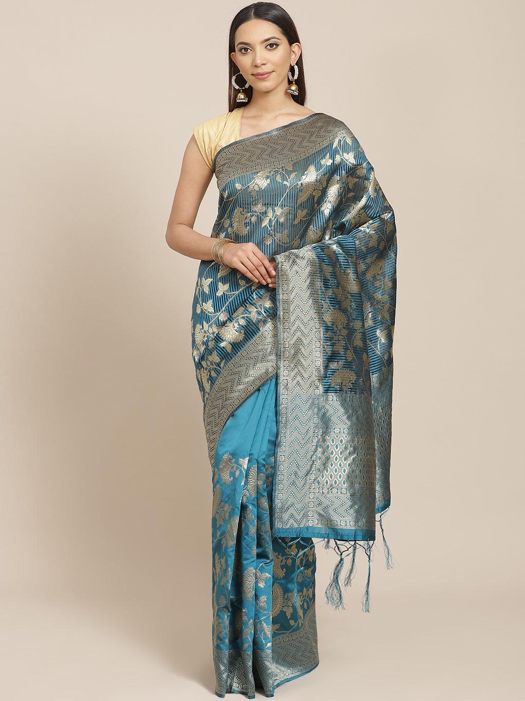 Blue Woven Design Silk Blend Saree - Libas