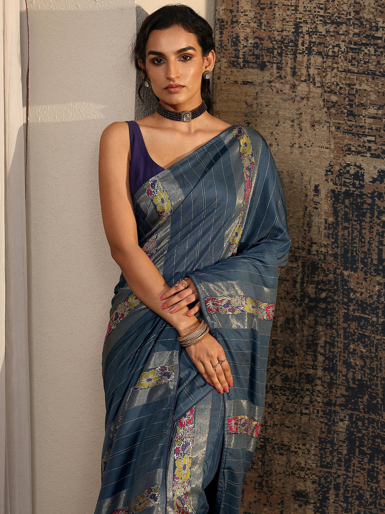 Libas Blue Woven Design Silk Blend Saree With Unstitched Blouse Piece