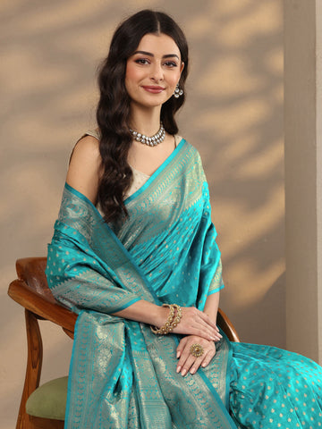 Blue Woven Design Silk Blend Saree With Unstitched Blouse Piece