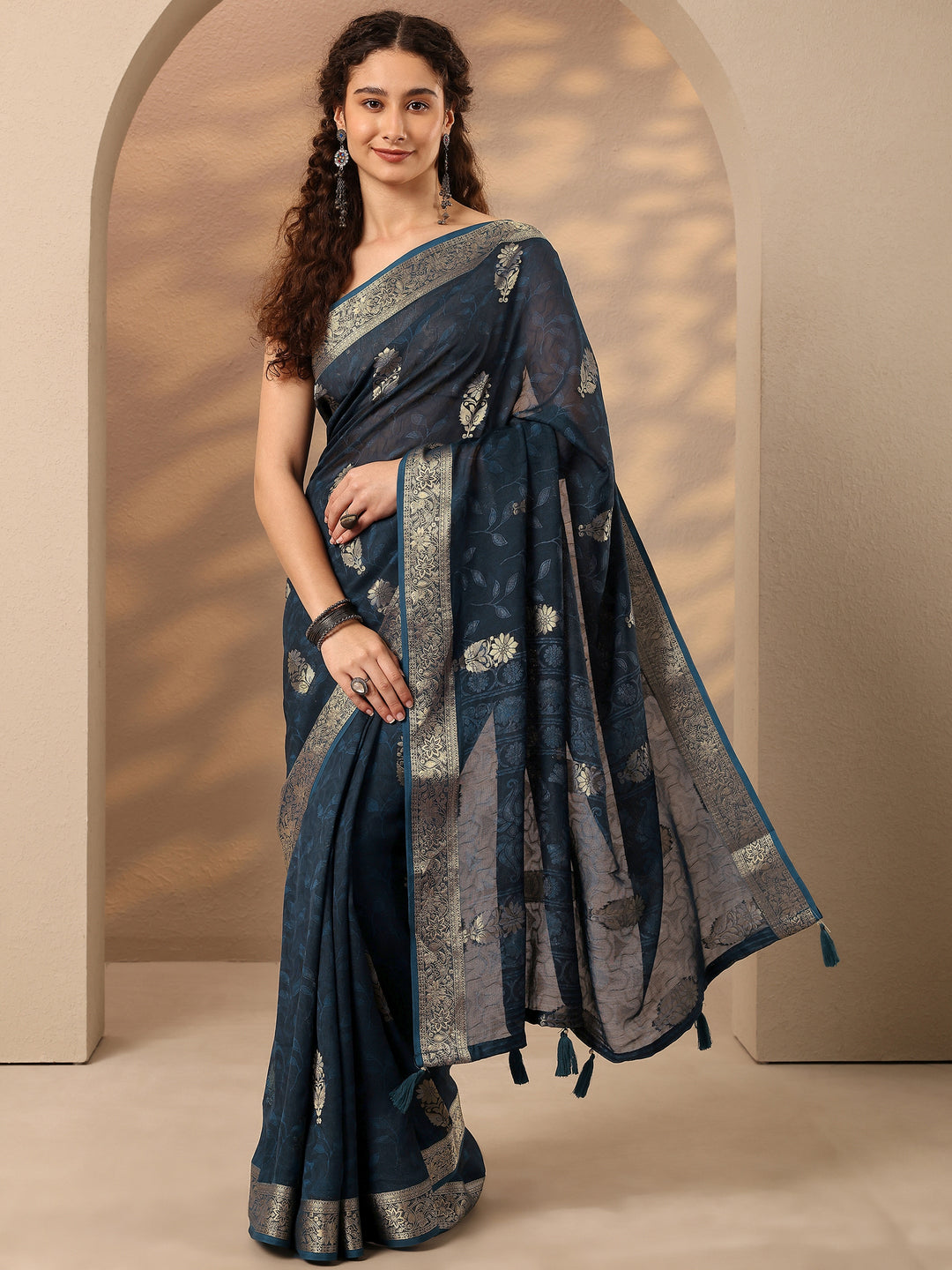 Blue Woven Design Silk Blend Saree With Unstitched Blouse Piece
