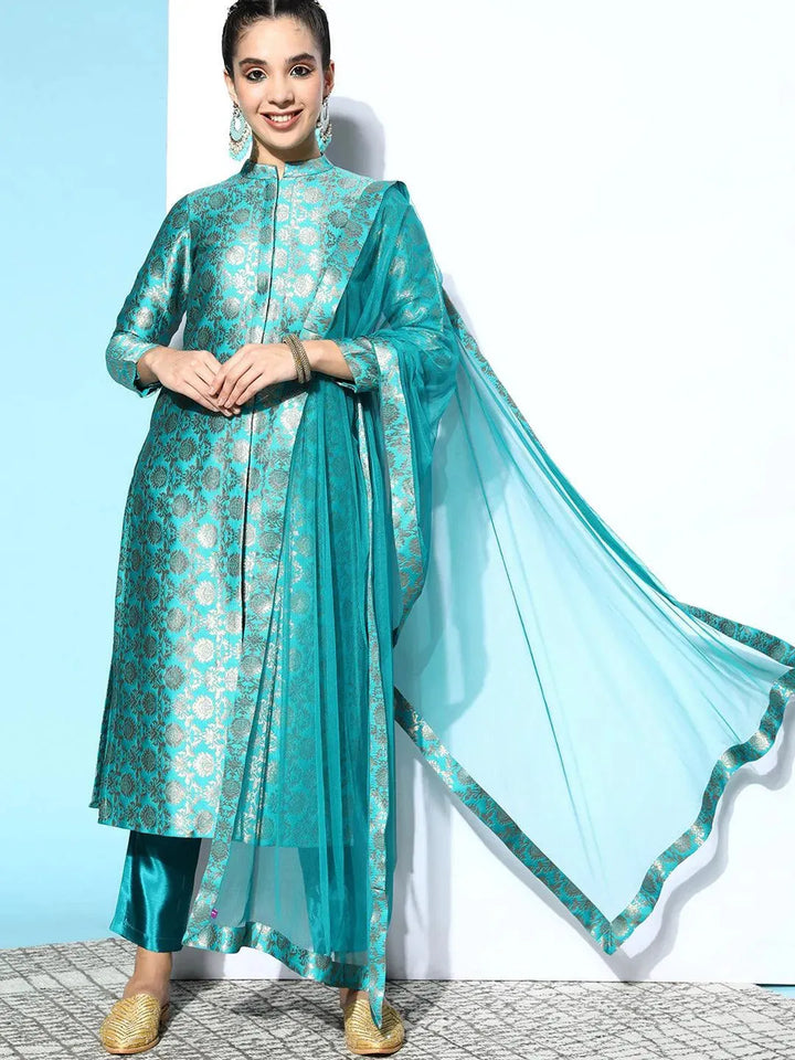 Blue Woven Design Silk Blend Straight Suit Set - Libas