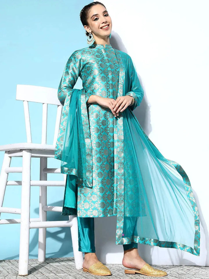 Blue Woven Design Silk Blend Straight Suit Set - Libas