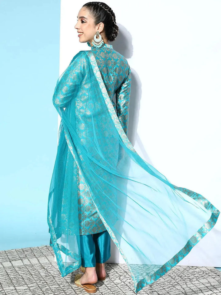 Blue Woven Design Silk Blend Straight Suit Set - Libas