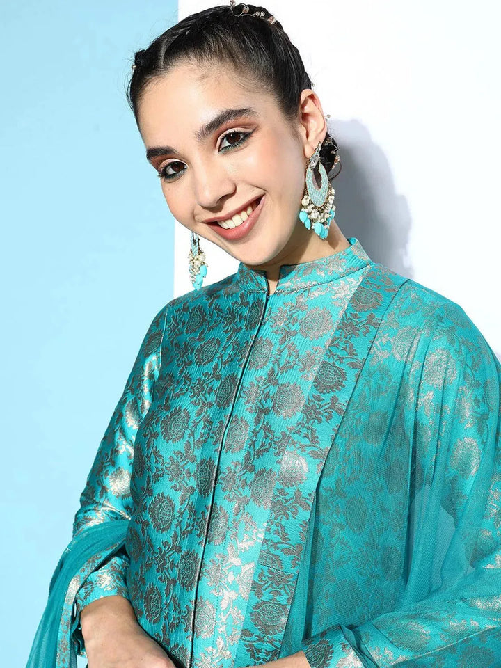Blue Woven Design Silk Blend Straight Suit Set - Libas