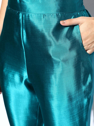 Blue Woven Design Silk Blend Straight Suit Set - Libas