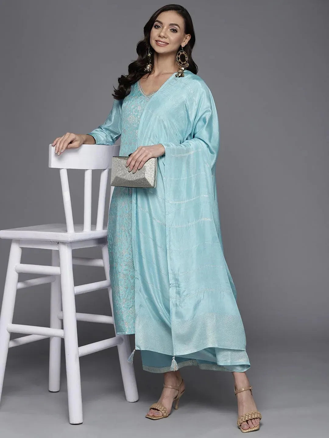 Blue Woven Design Silk Blend Straight Suit Set - Libas 