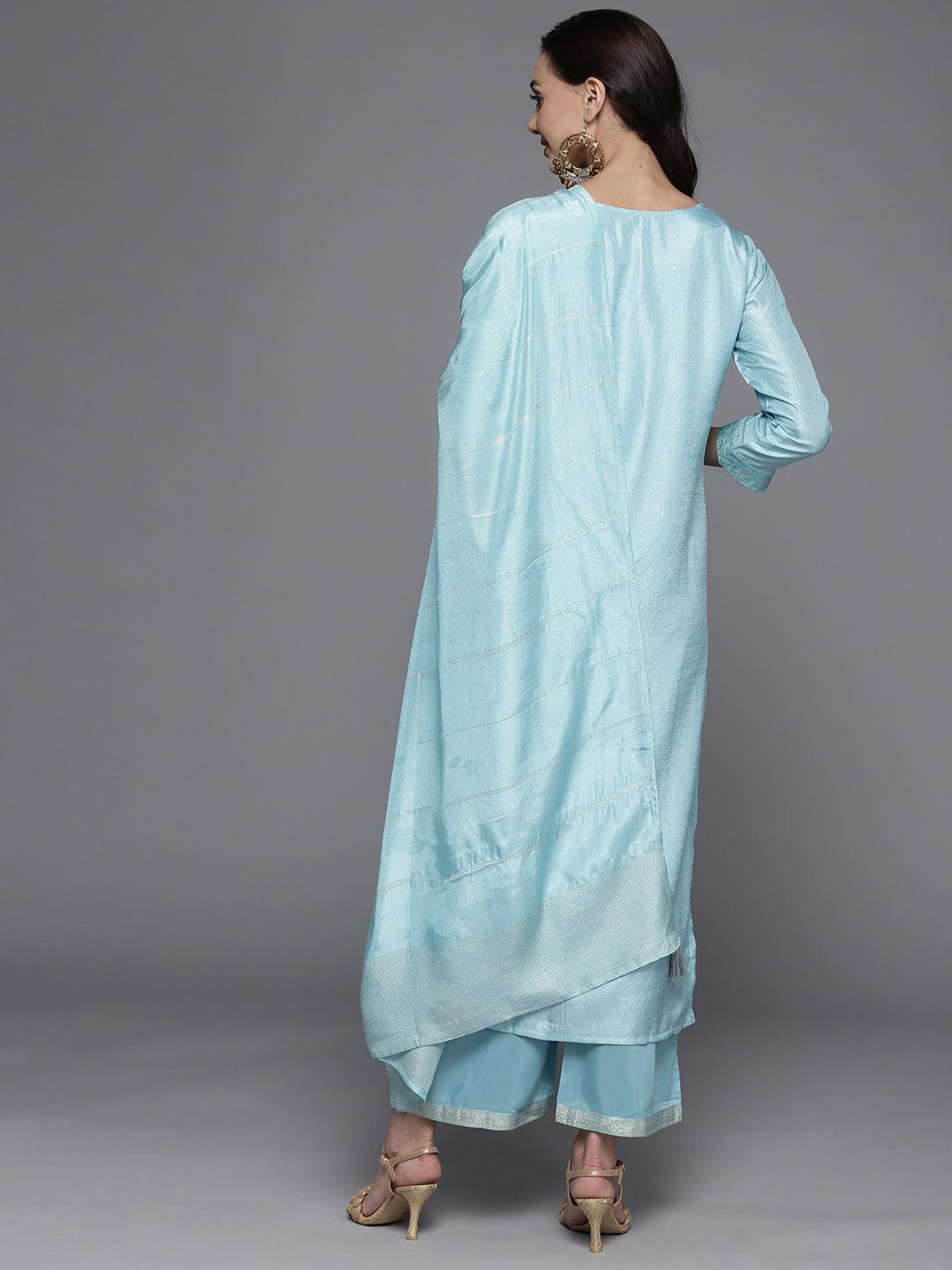 Blue Woven Design Silk Blend Straight Suit Set - Libas