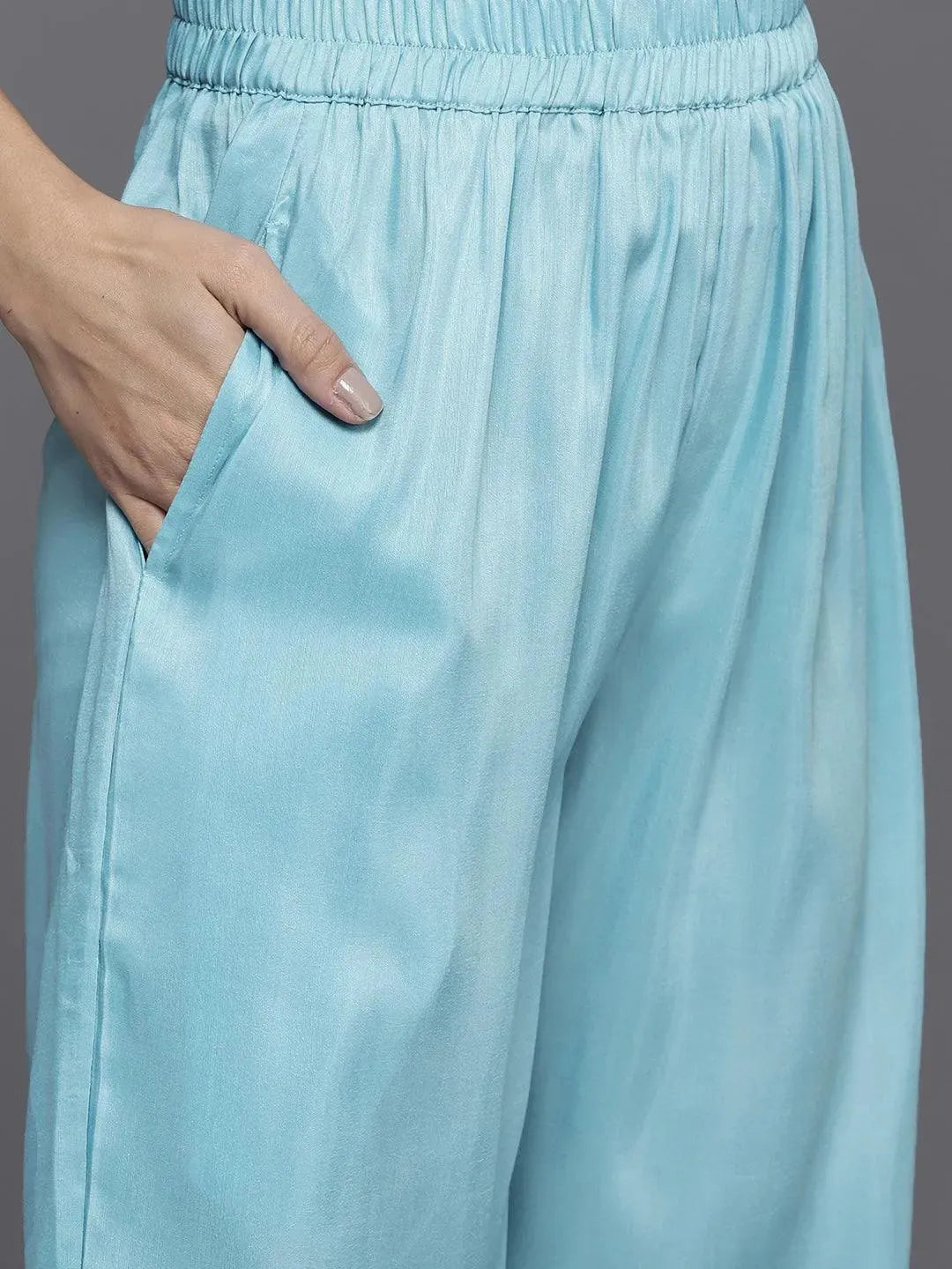 Blue Woven Design Silk Blend Straight Suit Set - Libas 