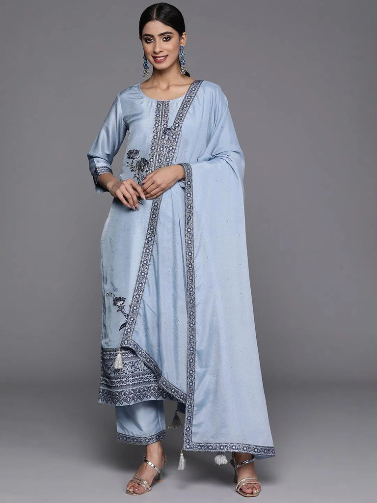 Libas Blue Woven Design Silk Blend Straight Kurta With Trousers & Dupatta