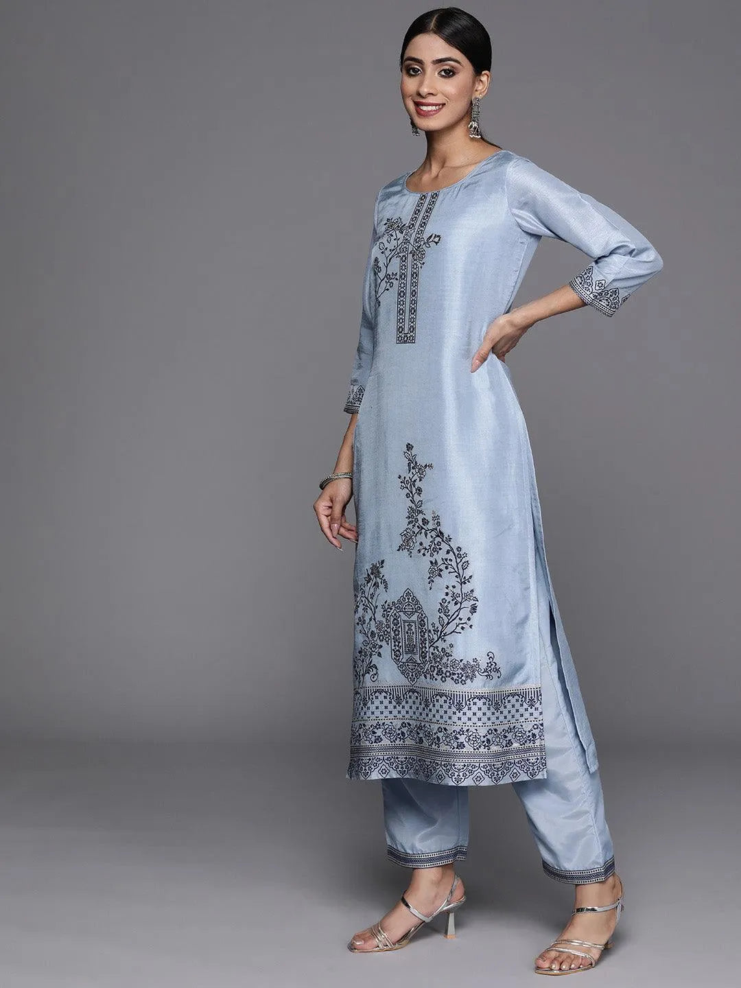 Blue Woven Design Silk Blend Straight Kurta With Trousers & Dupatta - Libas 
