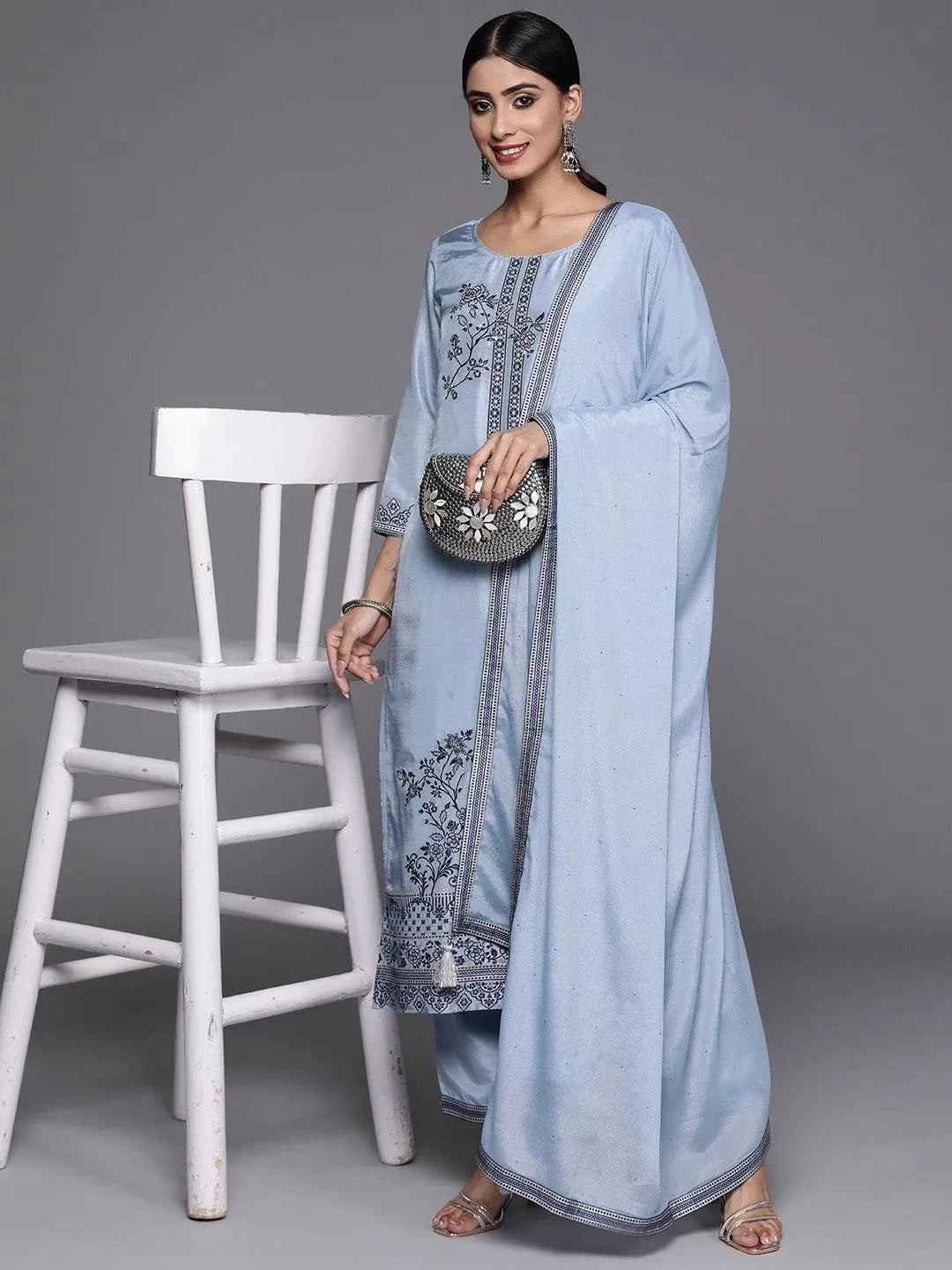 Blue Woven Design Silk Blend Straight Kurta With Trousers & Dupatta - Libas 