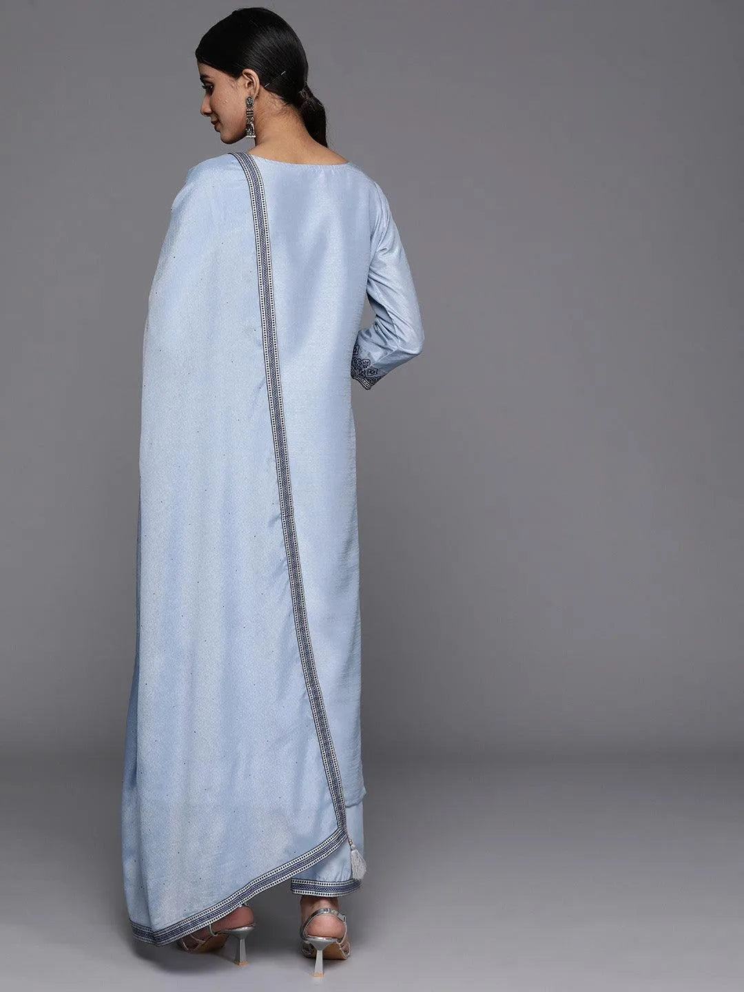 Blue Woven Design Silk Blend Straight Kurta With Trousers & Dupatta - Libas 
