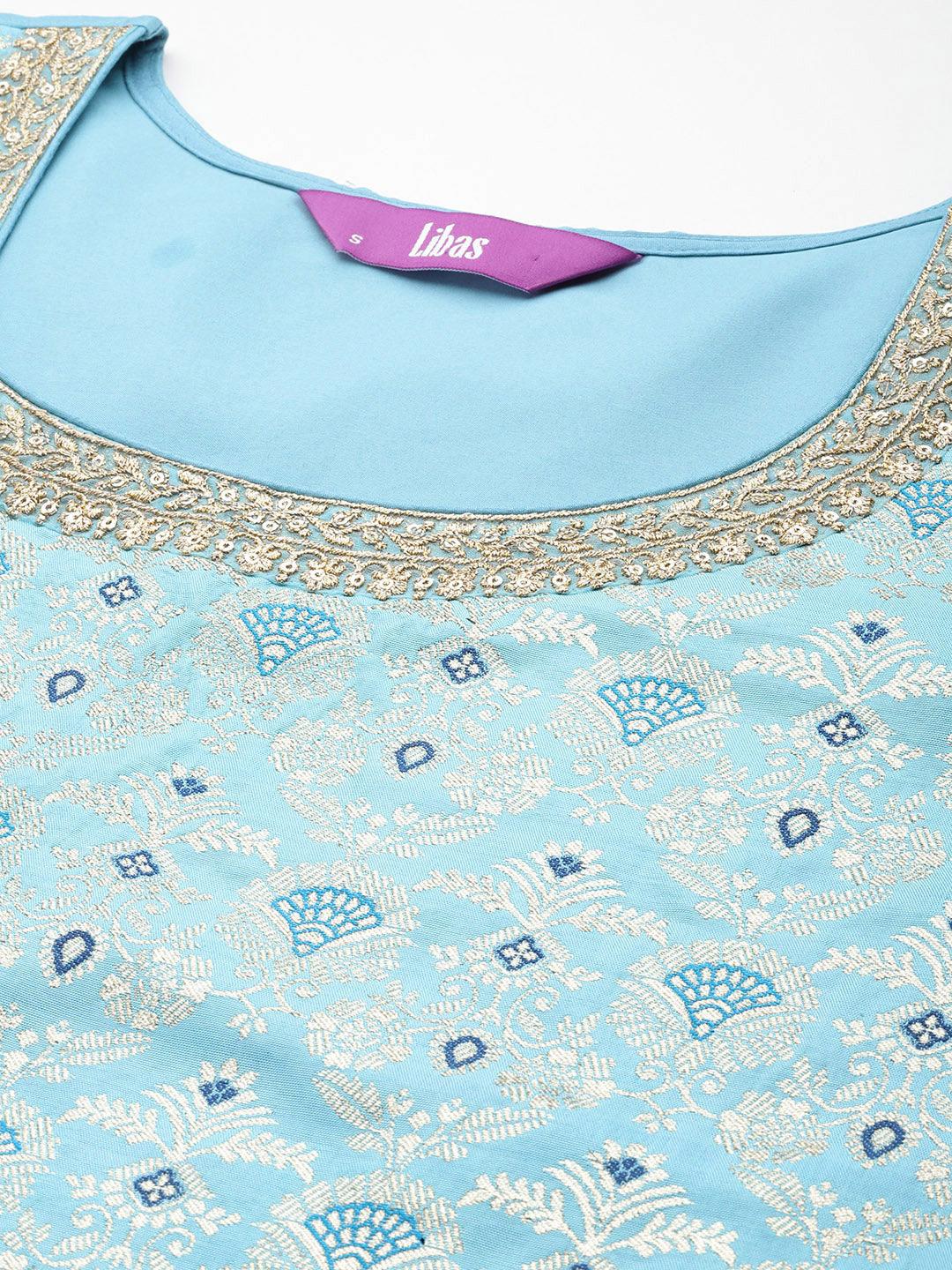 Blue Woven Design Silk Blend Straight Kurta With Trousers & Dupatta - Libas