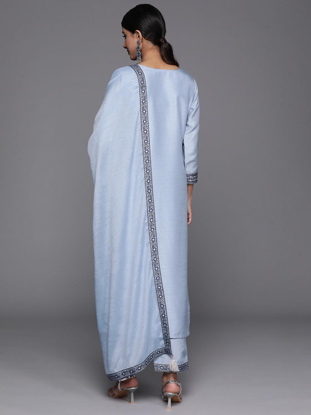 Blue Woven Design Silk Blend Straight Kurta With Trousers & Dupatta