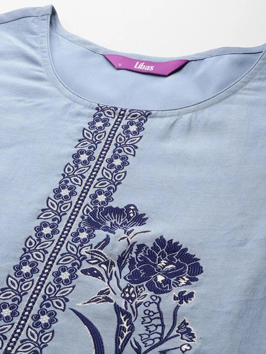 Blue Woven Design Silk Blend Straight Kurta With Trousers & Dupatta - Libas 