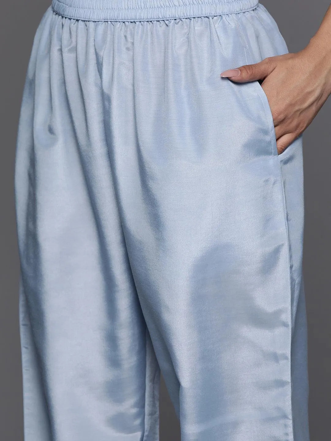 Blue Woven Design Silk Blend Straight Kurta With Trousers & Dupatta - Libas 