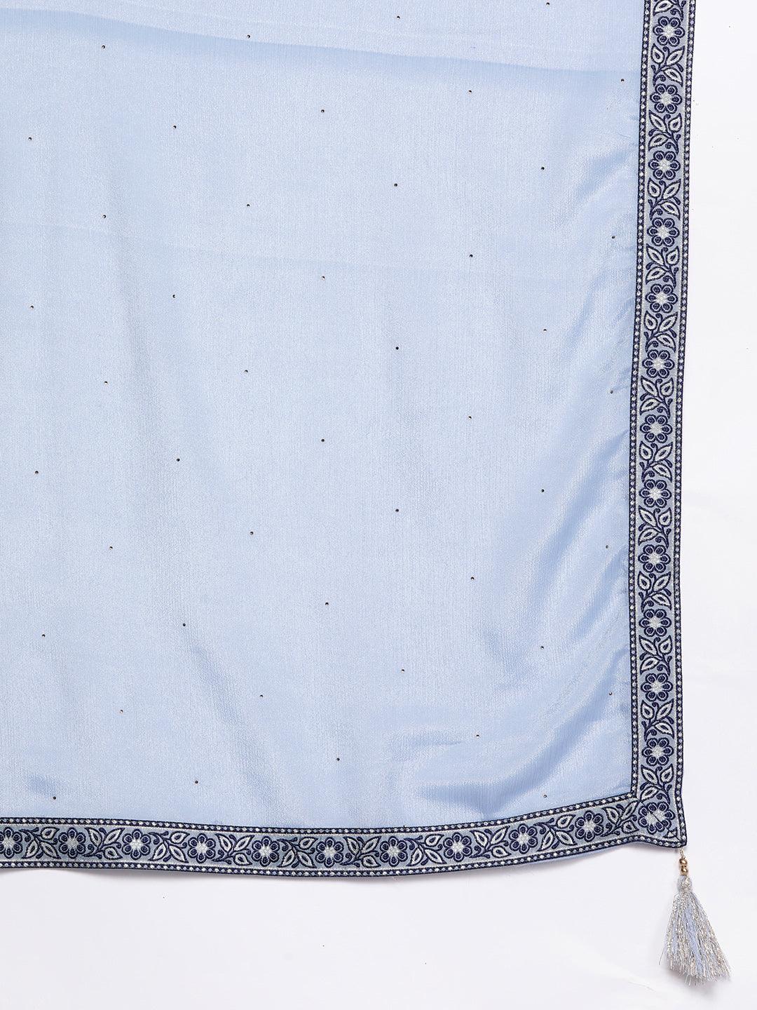 Blue Woven Design Silk Blend Straight Kurta With Trousers & Dupatta