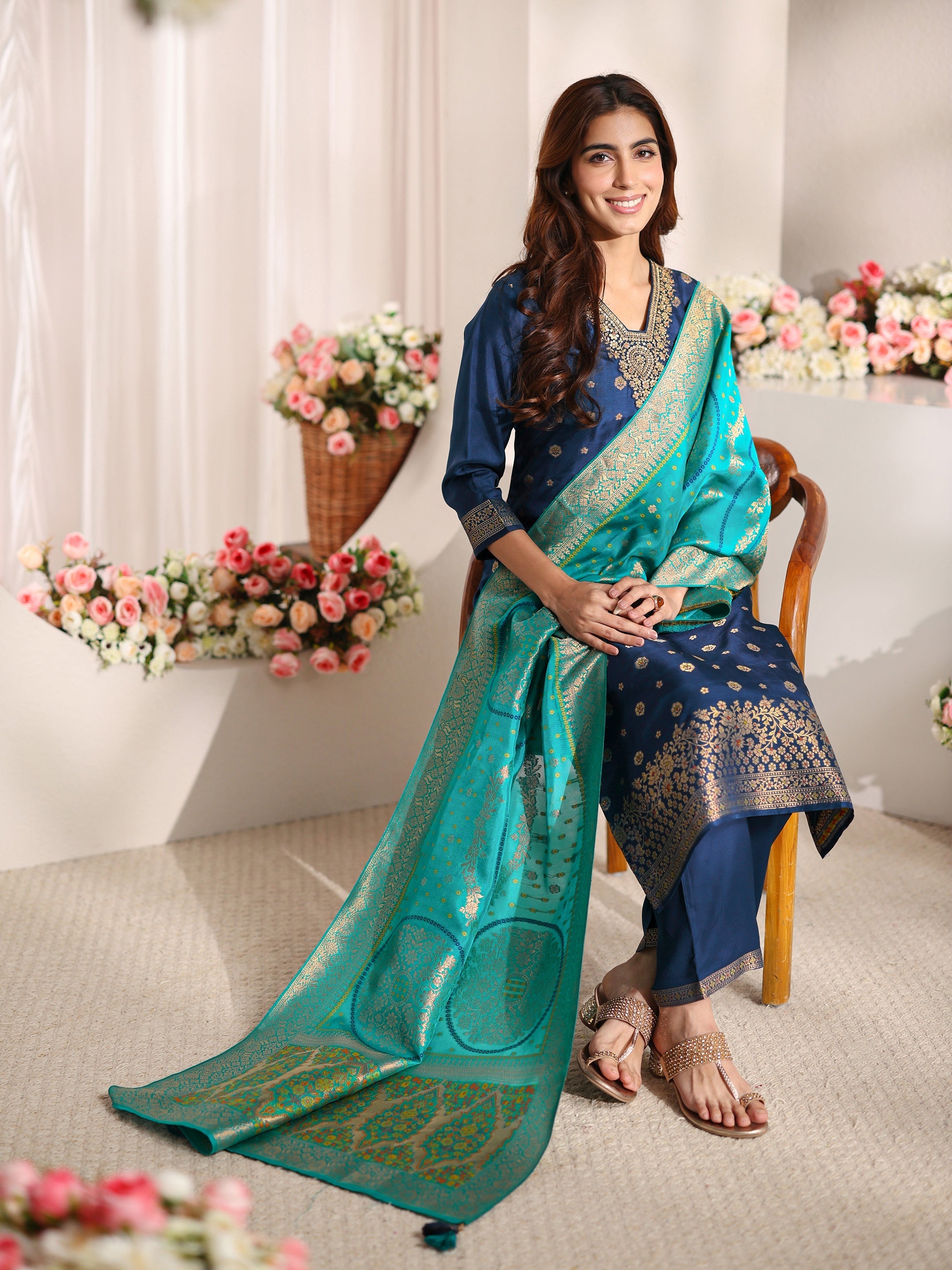 Blue Woven Design Silk Blend Straight Suit Set With Dupatta-image-45