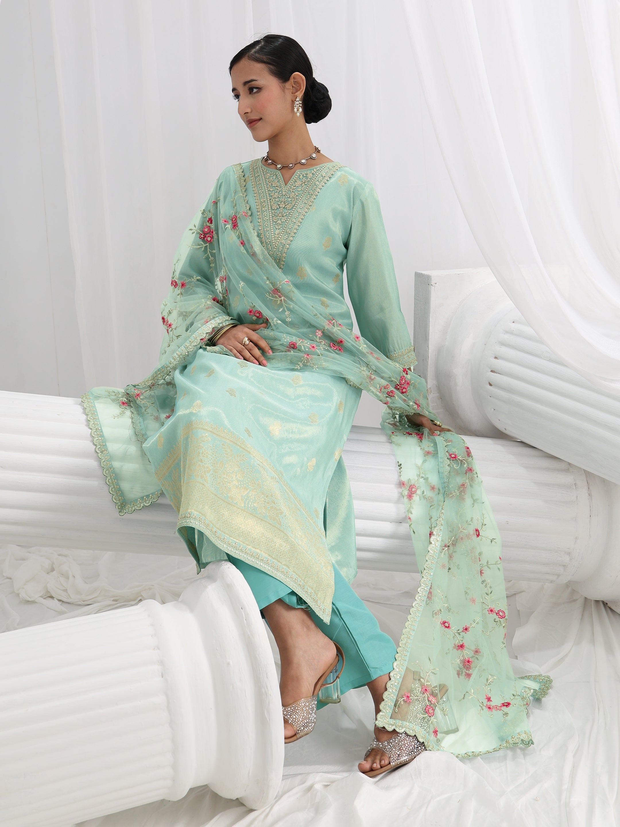 libas Blue Woven Design Silk Blend Straight Suit Set With Dupatta-picture-42