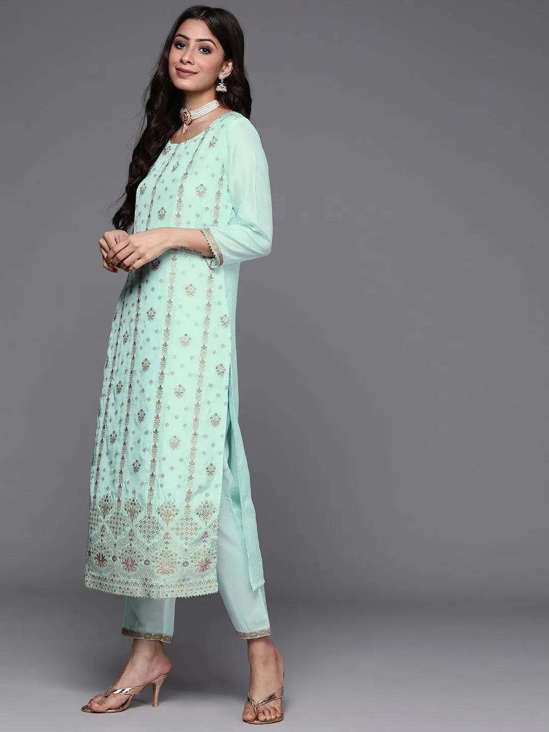 Blue Woven Design Silk Suit Set - Libas 