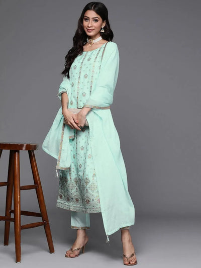 Blue Woven Design Silk Suit Set - Libas