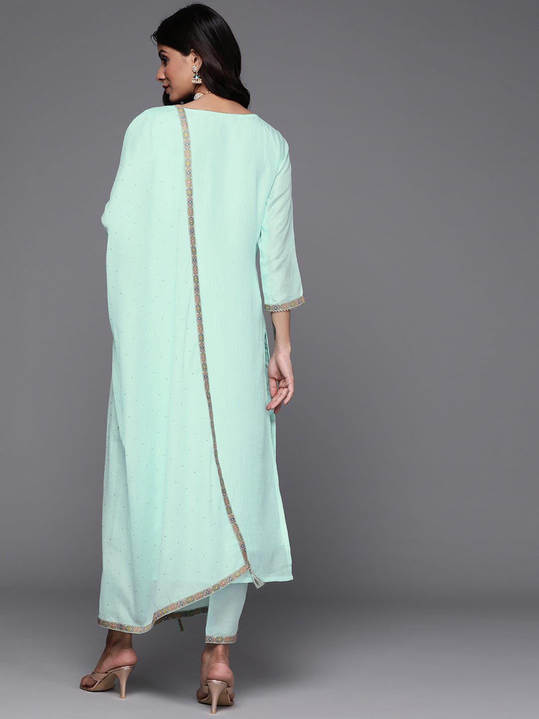 Blue Woven Design Silk Straight Kurta With Dupatta