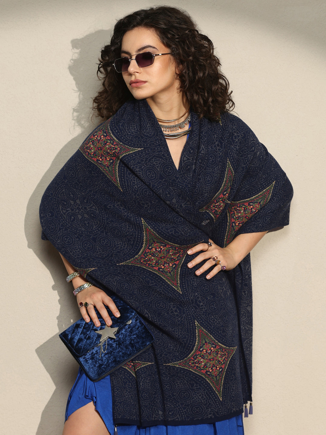 Blue Woven Design Wool Women's Shawl