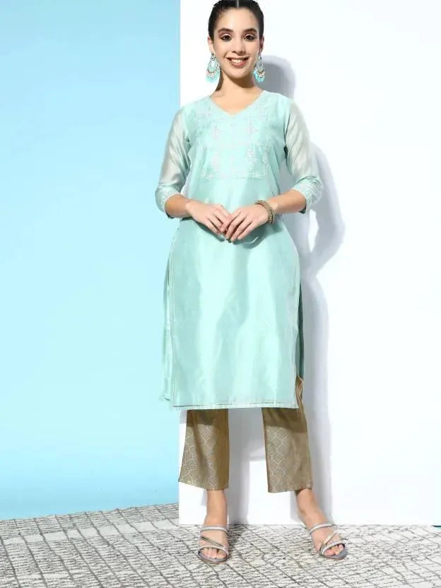 Blue Yoke Design Chanderi Cotton Straight Kurta - Libas