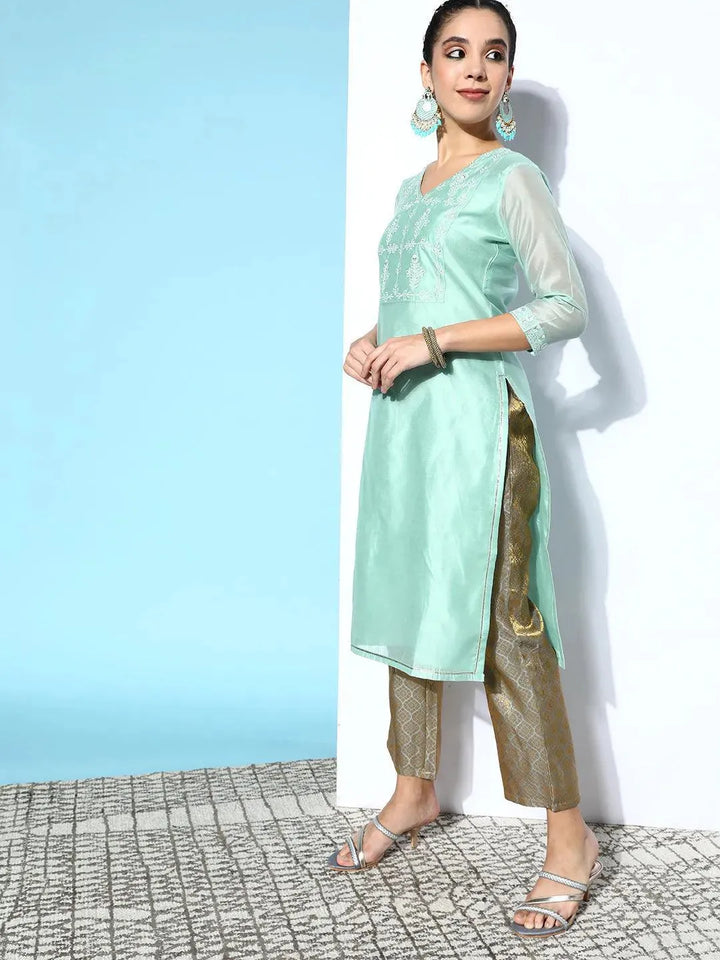 Blue Yoke Design Chanderi Cotton Straight Kurta - Libas