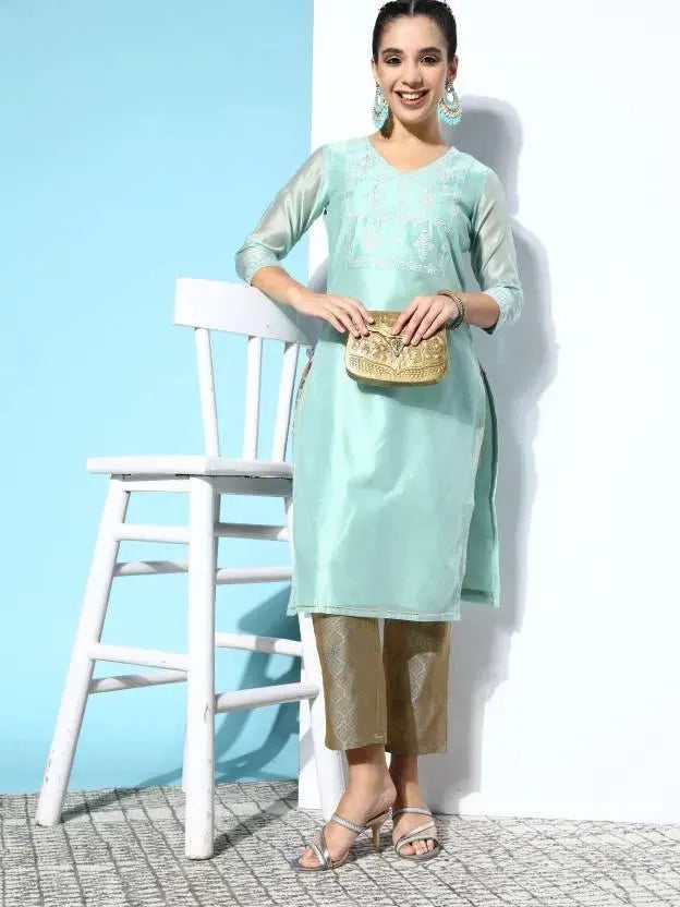 Blue Yoke Design Chanderi Cotton Straight Kurta - Libas