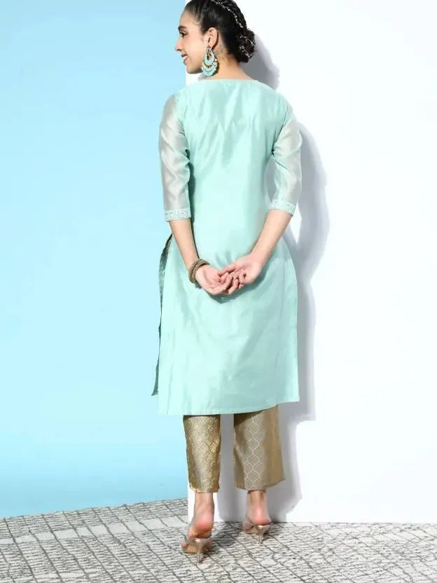 Blue Yoke Design Chanderi Cotton Straight Kurta - Libas