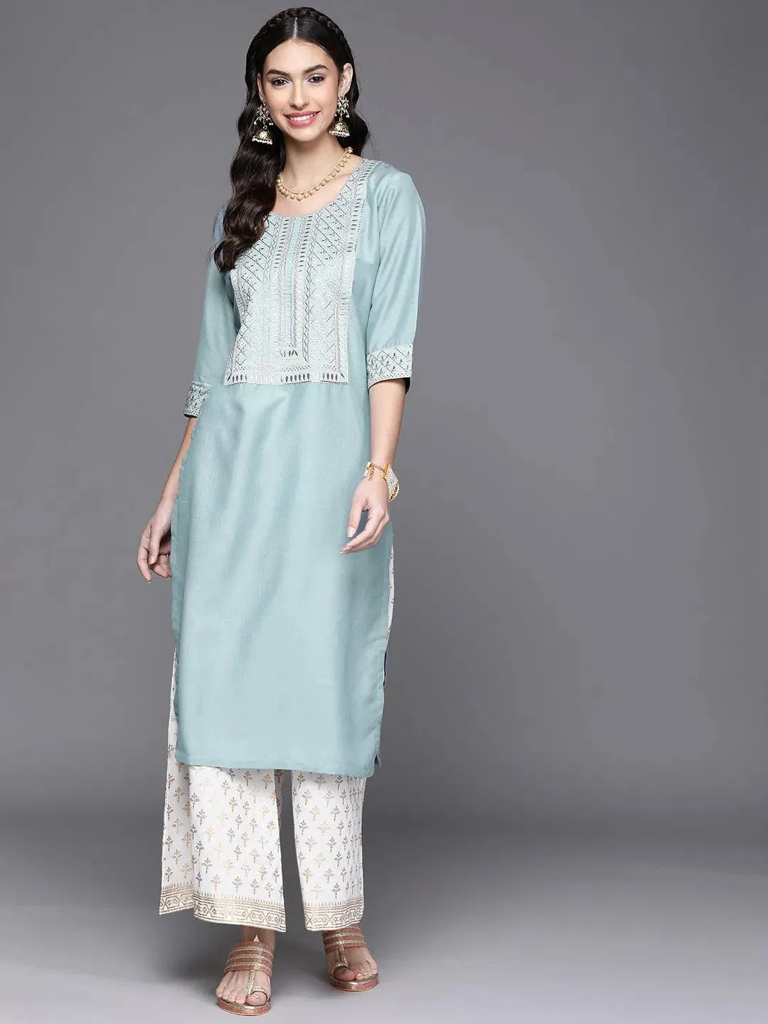 Blue Yoke Design Chanderi Silk Kurta - Libas