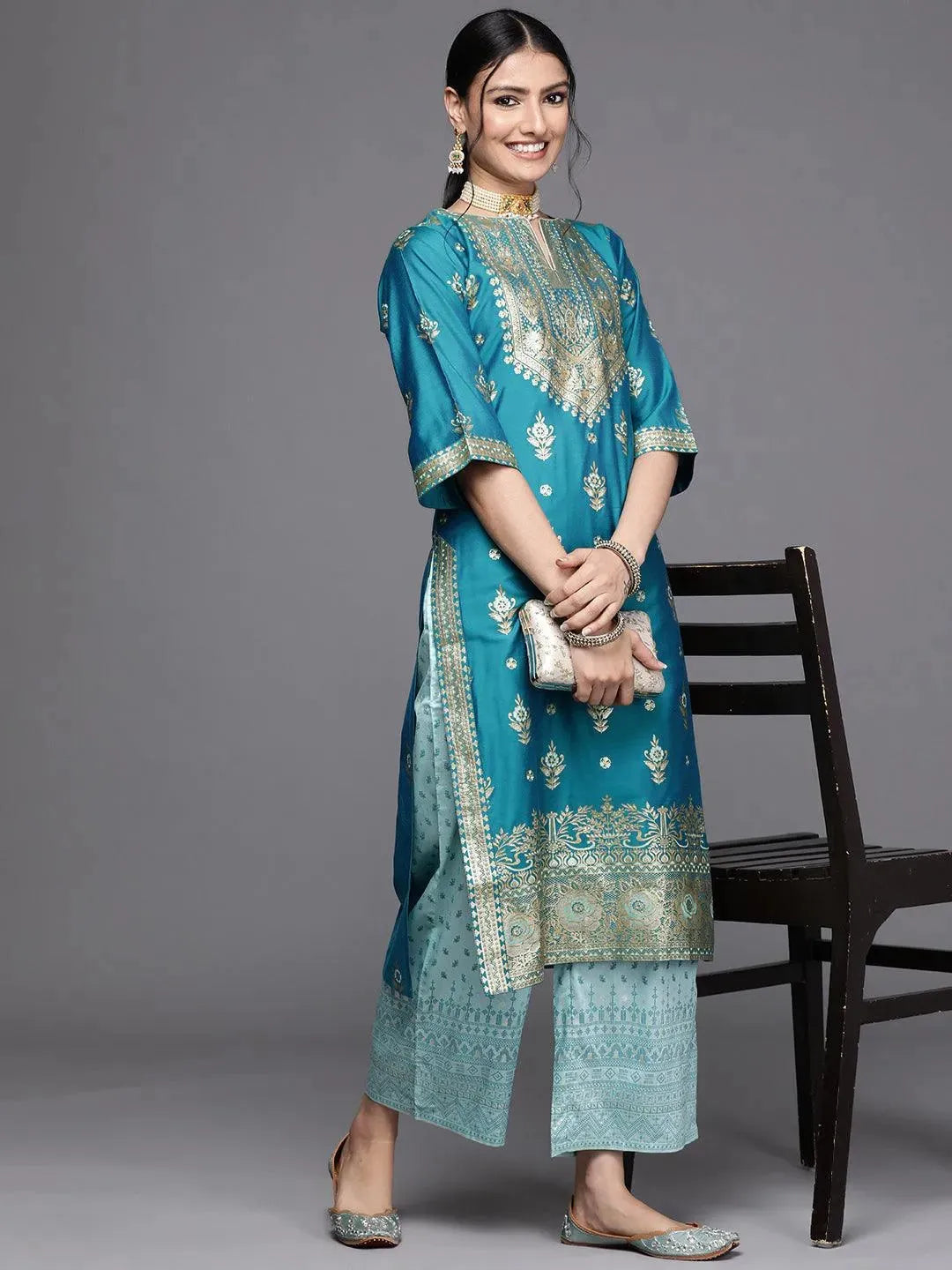 Blue Yoke Design Chanderi Silk Kurta - Libas 