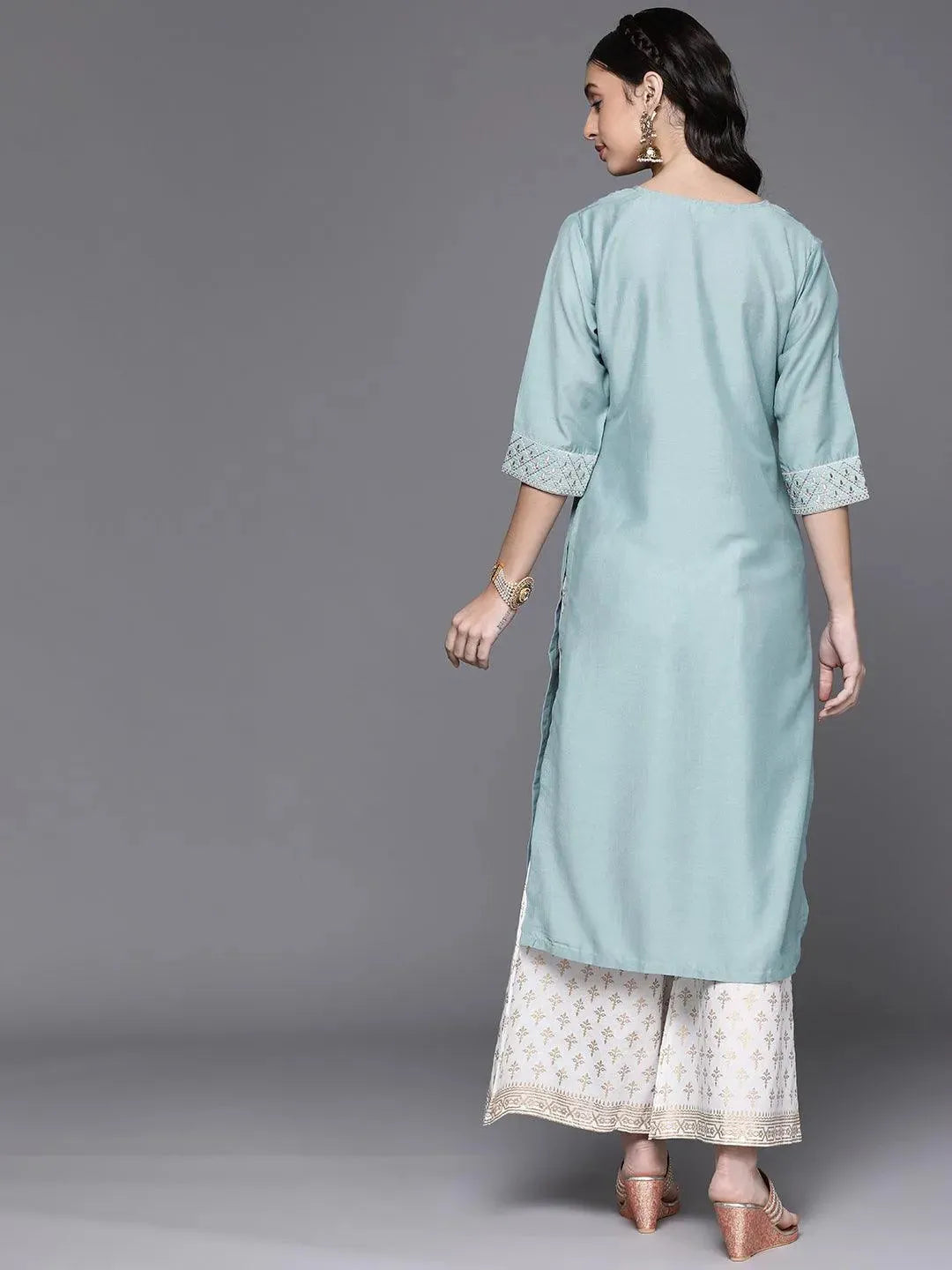 Blue Yoke Design Chanderi Silk Kurta - Libas 