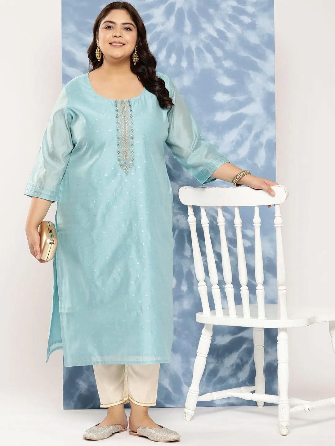 Blue Yoke Design Chanderi Silk Straight Kurta - Libas 