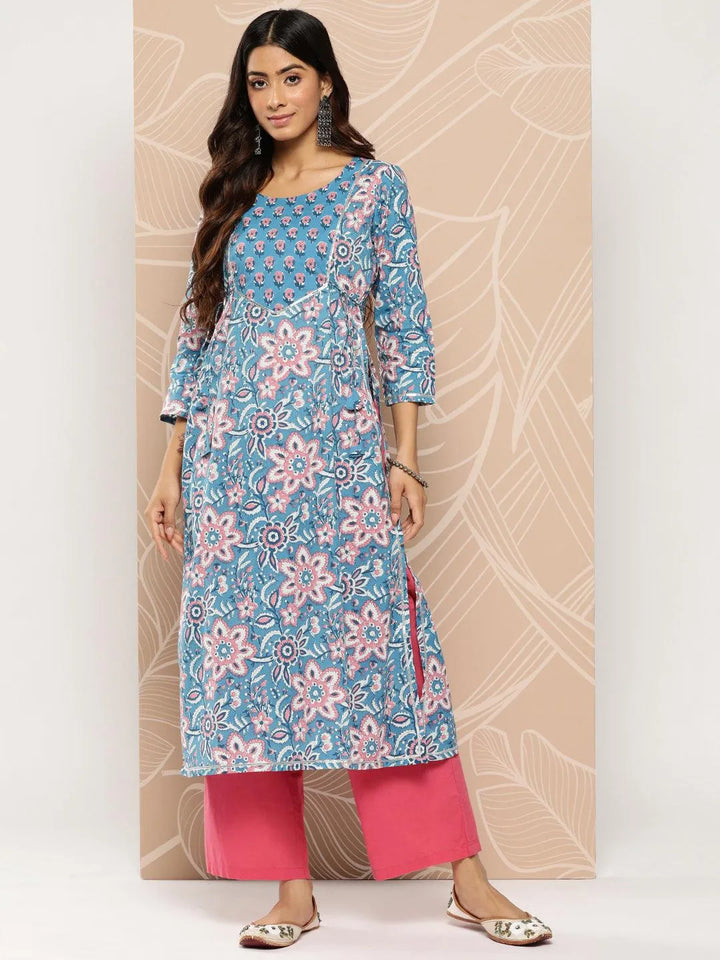 Blue Yoke Design Cotton A-Line Kurta - Libas