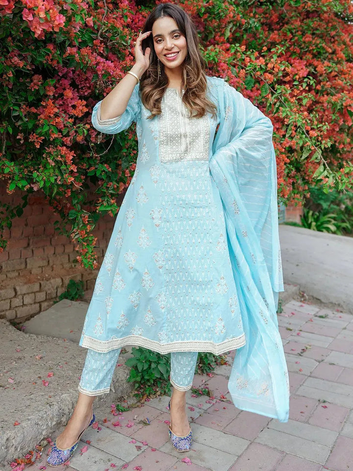 Blue Yoke Design Cotton A-Line Suit Set With Trousers - Libas
