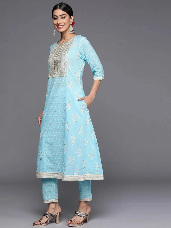 Blue Yoke Design Cotton A-Line Suit Set With Trousers - Libas