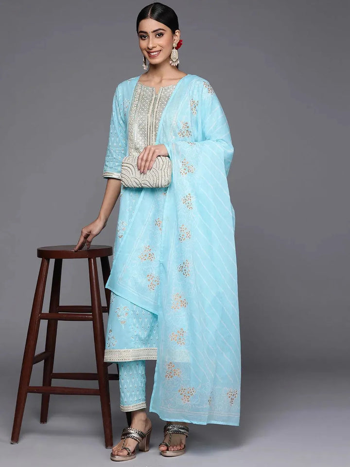 Blue Yoke Design Cotton A-Line Suit Set With Trousers - Libas