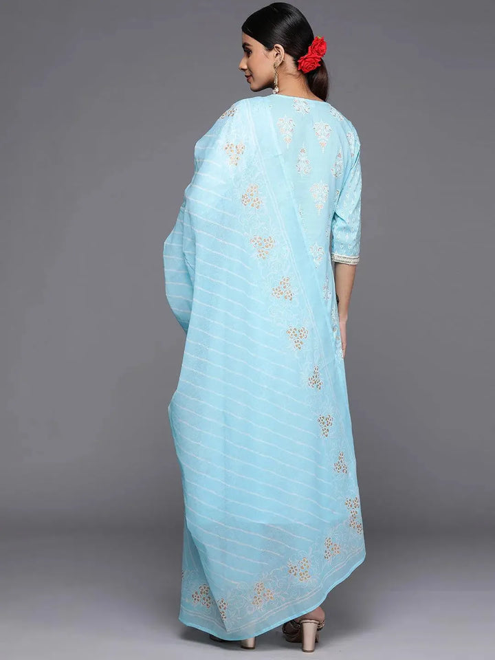 Blue Yoke Design Cotton A-Line Suit Set With Trousers - Libas