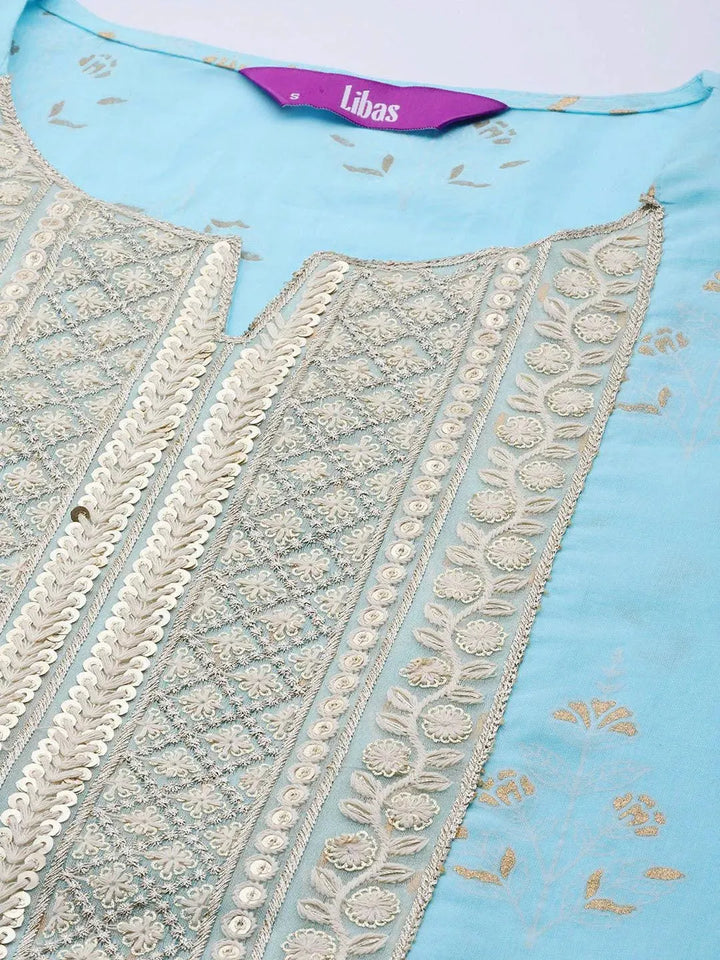 Blue Yoke Design Cotton A-Line Suit Set With Trousers - Libas