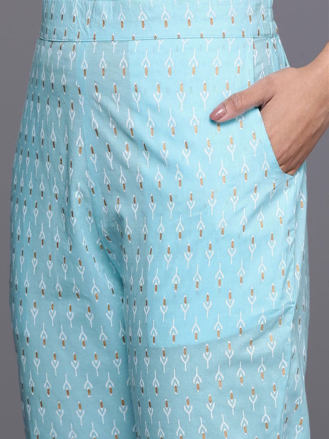 Blue Yoke Design Cotton A-Line Suit Set With Trousers - Libas