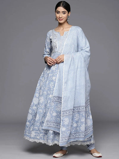 Blue Yoke Design Cotton Anarkali Kurta With Churidar & Dupatta - Libas