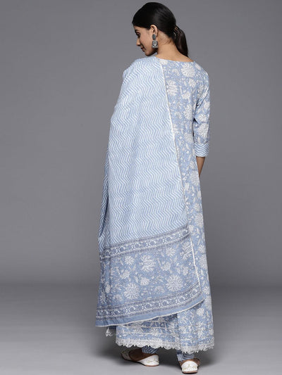 Blue Yoke Design Cotton Anarkali Kurta With Churidar & Dupatta - Libas