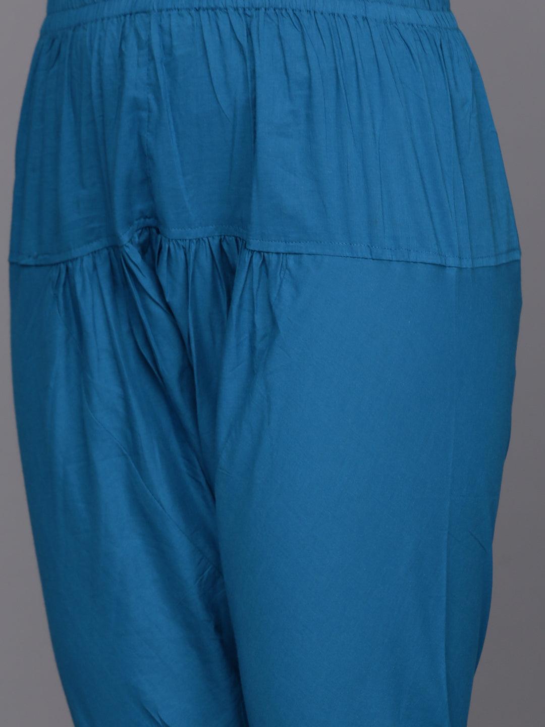 Blue Yoke Design Cotton Anarkali Suit Set With Churidar - Libas