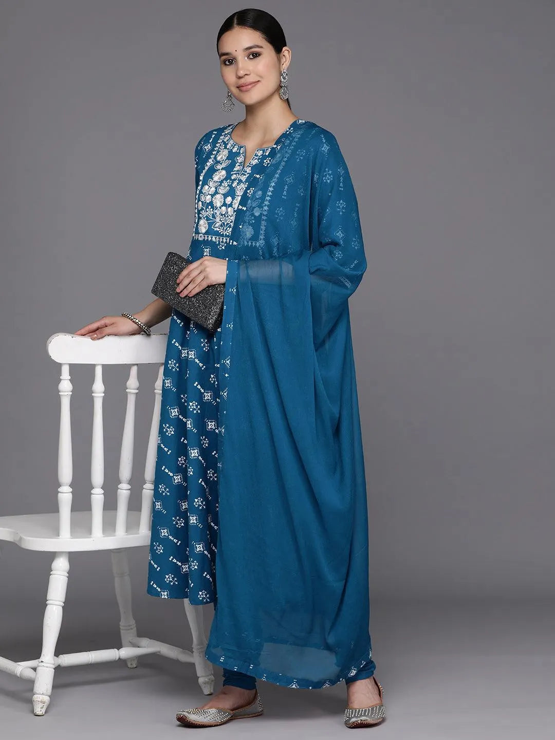 Blue Yoke Design Cotton Anarkali Suit Set With Churidar - Libas 