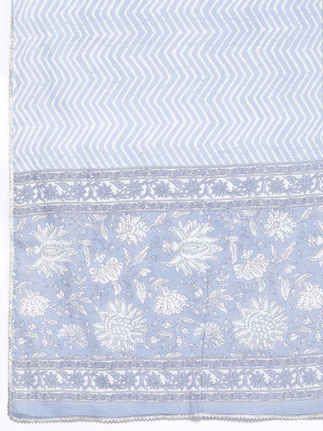 Blue Yoke Design Cotton Anarkali Kurta With Churidar & Dupatta - Libas