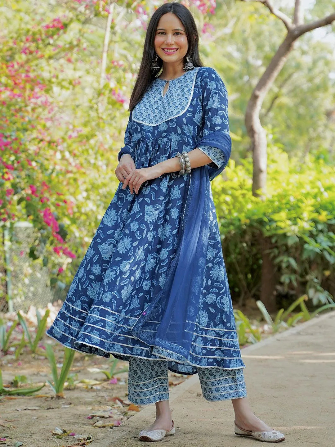 Blue Yoke Design Cotton Anarkali Kurta With Palazzos & Dupatta - Libas