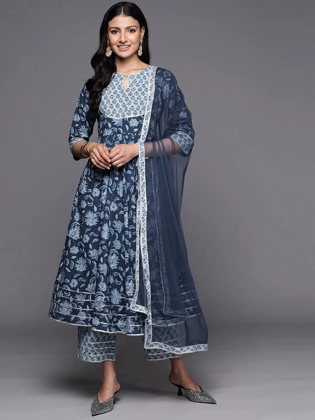 Blue Yoke Design Cotton Anarkali Suit Set With Trousers - Libas